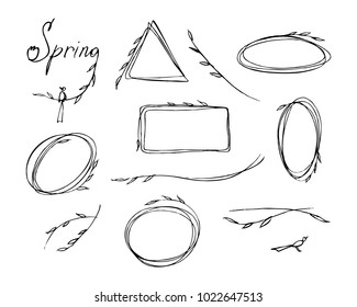 Spring theme set of frames of different shapes with floral design for postcards, banners, logos, posters. Vector sketch.