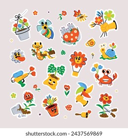 A spring theme vector encompassing fun emojis, potted flowers and friendly insects