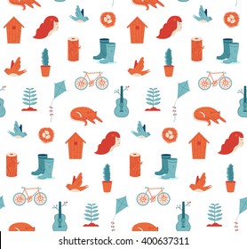 Spring theme vector flat seamless pattern.