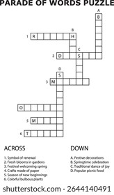 E Palavra Tema primavera Pesquisar Puzzle Jogo Grade Pistas Através De Palavras Cruzadas Para Baixo