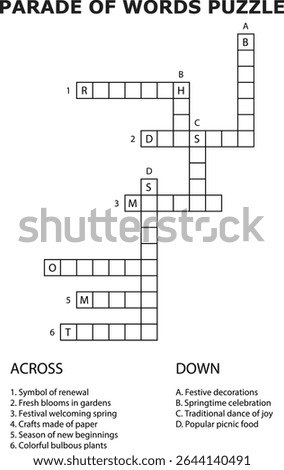And Spring Theme Word Search Puzzle Game Grid Clues Across Down crossword