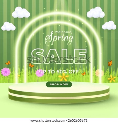 A spring themed advertisement banner featuring with floral and vibrant green design. Perfect for promoting discounts, seasonal offers, and special spring promotions.