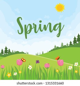 Spring themed background illustration, fresh green field with beautiful sky