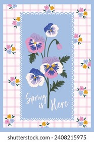 Spring themed card with a text and Pansy flower illustration in a chintz floral and gingham checks background. Cottage-core and farmhouse inspired Card in pastel colors.