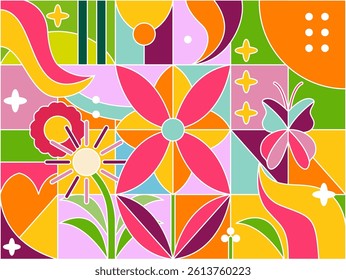 Spring themed geometric pattern with bright colorful blooming flowers and sunshine and butterflies in a beautiful garden