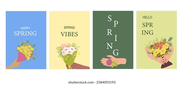 Spring themed greeting cards with flower bouquets and vivid colors.