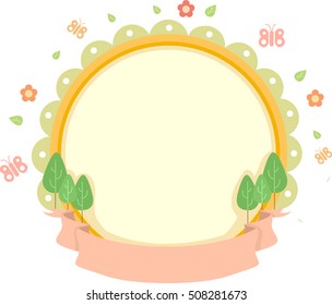 Spring Themed Illustration Featuring a Board Decorated with Trees, Butterflies, and Colorful Flowers