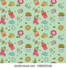 Spring themed seamless background in kawaii style vector