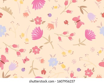spring themed seamless pattern design with colorful leaf and flower shape