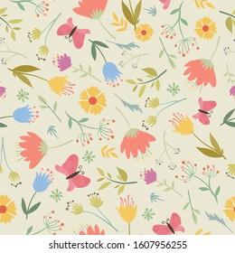 spring themed seamless pattern design with colorful leaf and flower shape