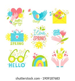 Spring themed set of cute colorful hand drawn vector illustrations. Collection of springtime elements with flowers, hands and lettering.
