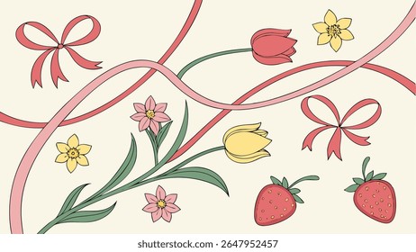 Spring themed vector illustration with pink and yellow tulips, daffodils, red strawberries, and flowing ribbons, ideal for cheerful designs.