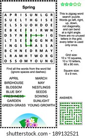 Spring Themed Zigzag Word Search Puzzle (suitable Both For Kids And Adults). Answer Included. 