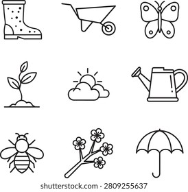 Spring Themes and Gardening line art icon collection. Includes line art symbols kite, umbrella, butterfly, wheelbarrow, watering can and more. Isolated icons. Spring icon set. Minimalist icons pack.
