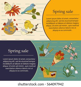 Spring thin line card set. Springtime poster.