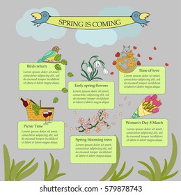 Spring thin line color infographic. Springtime poster.