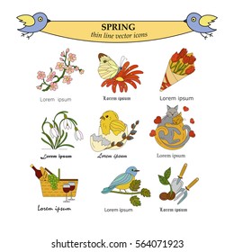 Spring thin line colored vector icons. Springtime logo for your design.