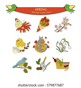 Spring thin line colored vector icons. Springtime logo for your design.