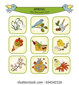 Spring thin line colored vector icons. Springtime logo for your design.