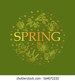 Spring thin line vector card. Springtime poster.