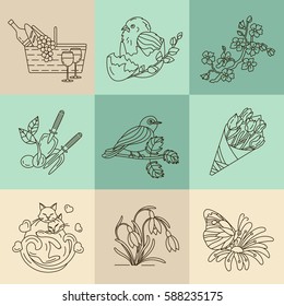 Spring thin line vector icons. Springtime logo for your design.