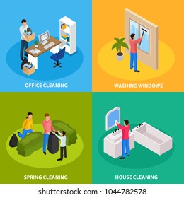 Spring Thoroughly Cleaning Concept 4 Isometric Icons With Office Tidying Up Windows Bathroom Washing Isolated Vector Illustration 