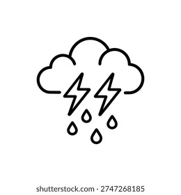 Spring thunderstorm icon black and white vector spring rain cloud with lightning and raindrops spring storm line art illustration