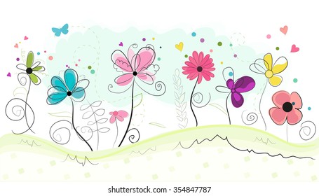 Spring Time Abstract Colorful Doodle Flowers Vector Background