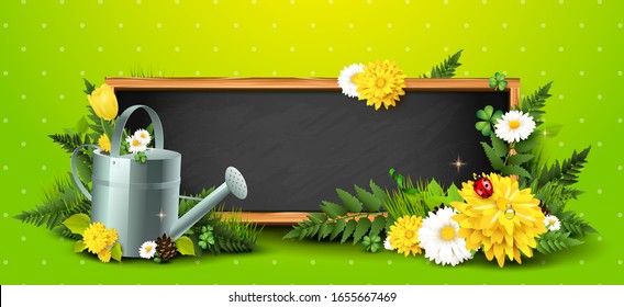Spring time background with flowers, leaves and watering can. Empta blackboard with place for your text