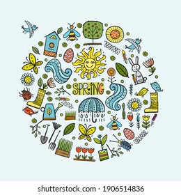 Spring time background. Gardening Frame Design. Happy Easter Art. Vector illustration