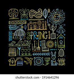 Spring time background. Gardening Frame Design. Happy Easter Art. Vector illustration