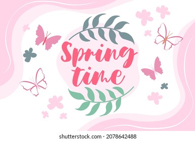 Spring time background. Pink banner, tenderness, serenity. season, nature, discount time. Graphic elements for website text poster. Nature butterfly tree branch. Cartoon flat vector illustration