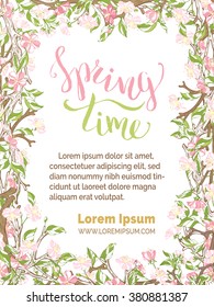 Spring time background. Pink flowers on branches on white background. Vector card vertical template. You can place your text in the center.