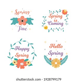 Marcador de primavera y colección de etiquetas. Hola primavera. La primavera está llegando. Dibujado a mano. Tarjeta de felicitación. Ilustración vectorial. Diseño plano.