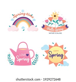 Frühjahrsausweis- und Label-Kollektion. Frühlingsdesign. Hallo Frühling. Handgezeichnet. Vektorgrafik.