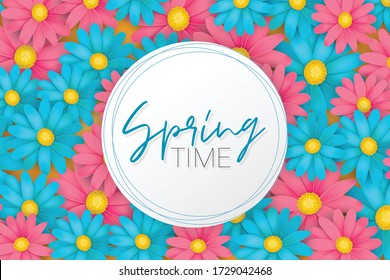Spring time banner or brochure. Blue and pink realistic daisy flowers. Floral design wallpaper. Vector illustration.