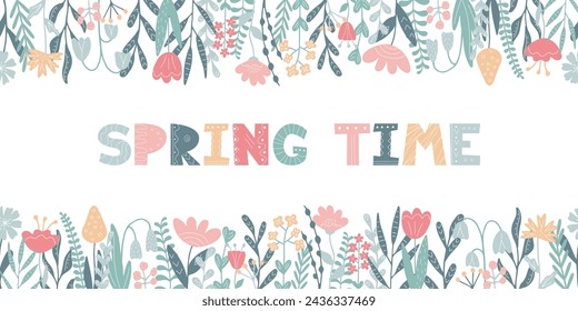 Spring time Banner. Endless Natural Floral Border in Scandinavian style. Modern Botanical garden Background. Frame from plants branches and Flowers. Spring season header