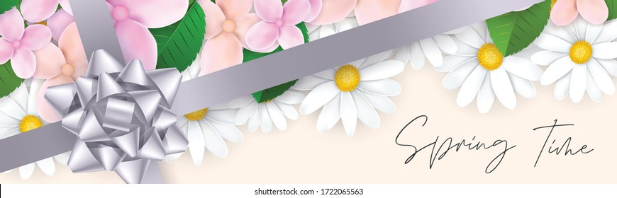 Spring Time banner or newsletter header. Tender white realistic daisies and pink and orange flowers with green leaves. Floral promo design. Vector illustration.