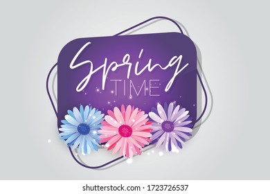 Spring time banner with pink, blue, and purple flowers. Vector illustration.