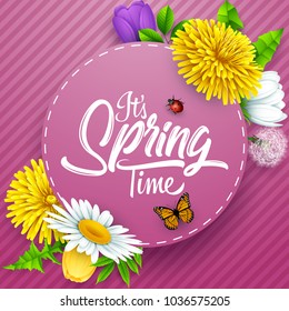 It's spring time banner with round frame, insects and flower on striped purple background