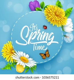 It's spring time banner with round frame, insects and flower on blue sky background