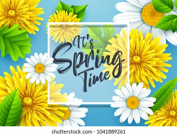 It's spring time banner with square frame and flower on blue background