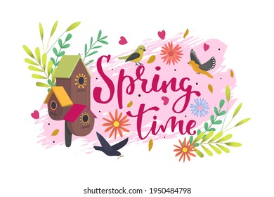 Spring time banner, vector illustration. Poster with lettering text design, graphic season greeting at card. Cartoon bird, nature decoration