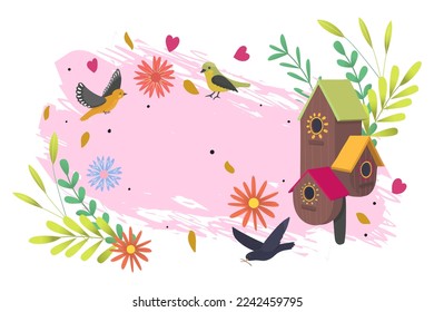 Banner de primavera, ilustración vectorial. Diseño de afiches, saludo de temporada gráfico con tarjeta. Ave de caricatura, decoración de la naturaleza