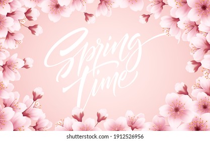 Spring time beautiful background with spring blooming cherry blossoms. Sakura branch with flying petals. Vector illustration EPS10