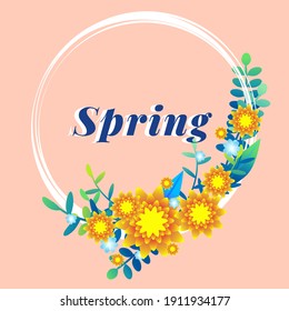 Spring Time. Beautiful and colorful background with flowers, leaves, plants. Illustration for banner, social media post, web site and flyers