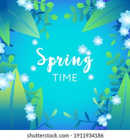Spring Time. Beautiful and colorful background with flowers, leaves, plants. Illustration for banner, social media post, web site and flyers