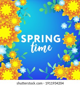 Hora de primavera. El fondo es bonito y colorido, con flores, hojas, plantas. Ilustración de banner, publicación en medios sociales, sitio web y folletos