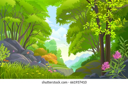 Spring time in a beautiful rain-forest with flowers, butterflies, rocks, trees and a blue sky