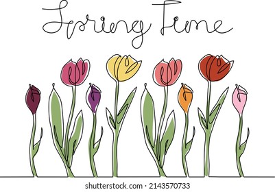 Spring time - beautiful tulip field in colors. Continuous one line drawing. Minimalitic line art.